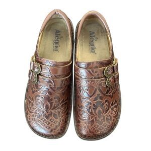 Alegria Alli Brown Tooled Leather Clogs Shoes Women’s Size 40 US 9.5-10